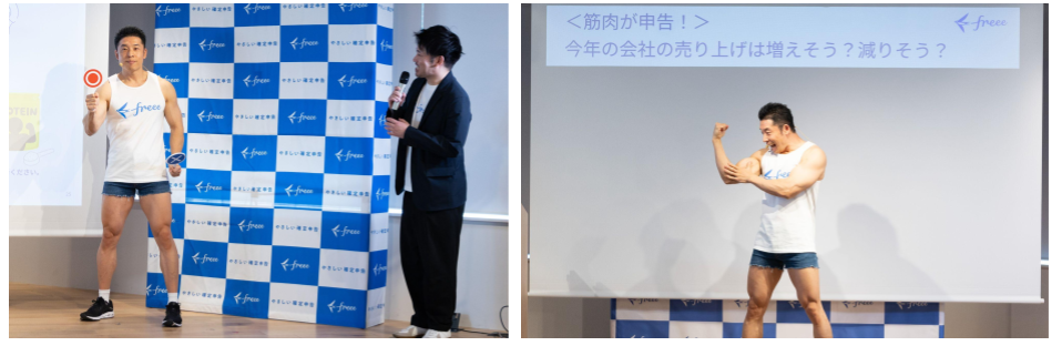 〇✕クイズに答えるきんに君氏（左） 筋肉ルーレットで今年の会社の売上を予想するきんに君氏（右）