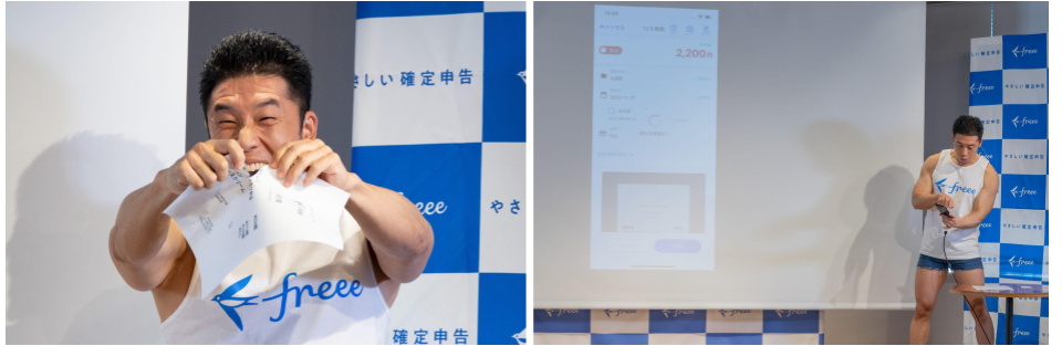 「筋肉に良くないメニュー」の領収書を破ってしまうきんに君氏（左） アプリを体験するきんに君氏（右）