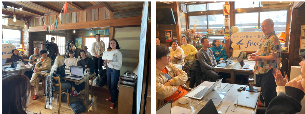 freee企画担当・中川による確定申告の説明（左）／参加者による自己紹介（右）
