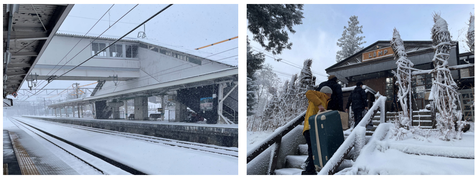 黒姫駅（左）／LAMP到着時の様子（右）