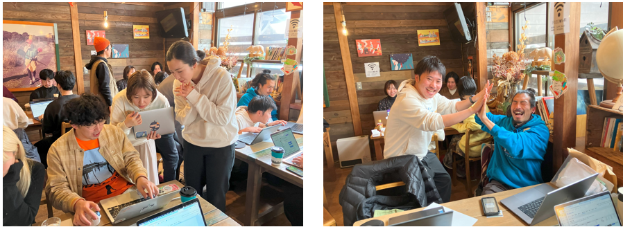 freee社員に質問する参加者（左）／確定申告が終わって税理士の社員とハイタッチする参加者（右）