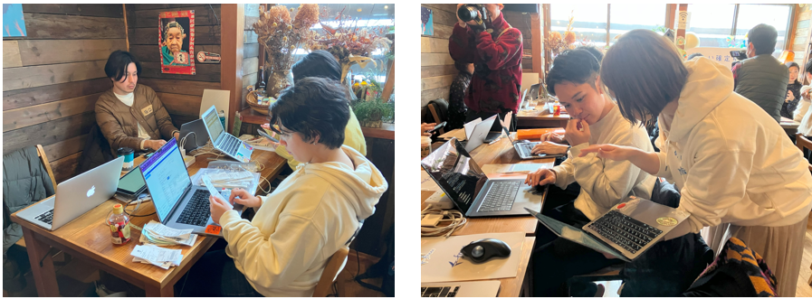 領収書の束を整理する参加者（左）／freee会計の使い方を説明するfreee社員（右）