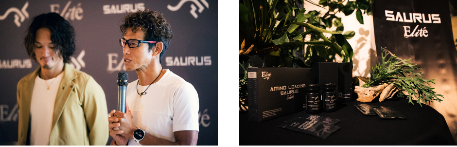 （左から）古谷純平選手、福元テツロー選手　 （右）新発売したEliteシリーズ商品