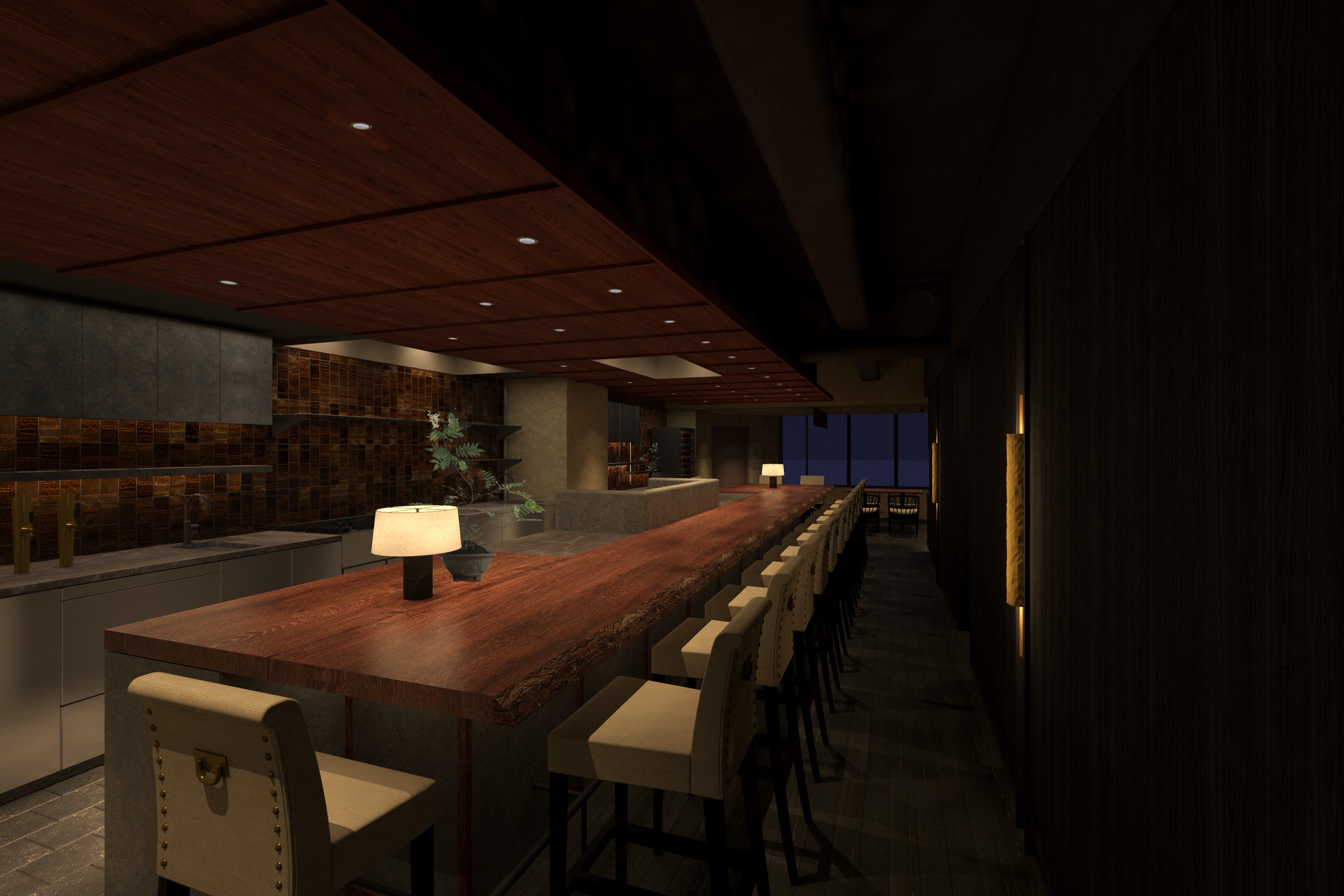 8mの1枚木を囲むような贅沢なカウンター