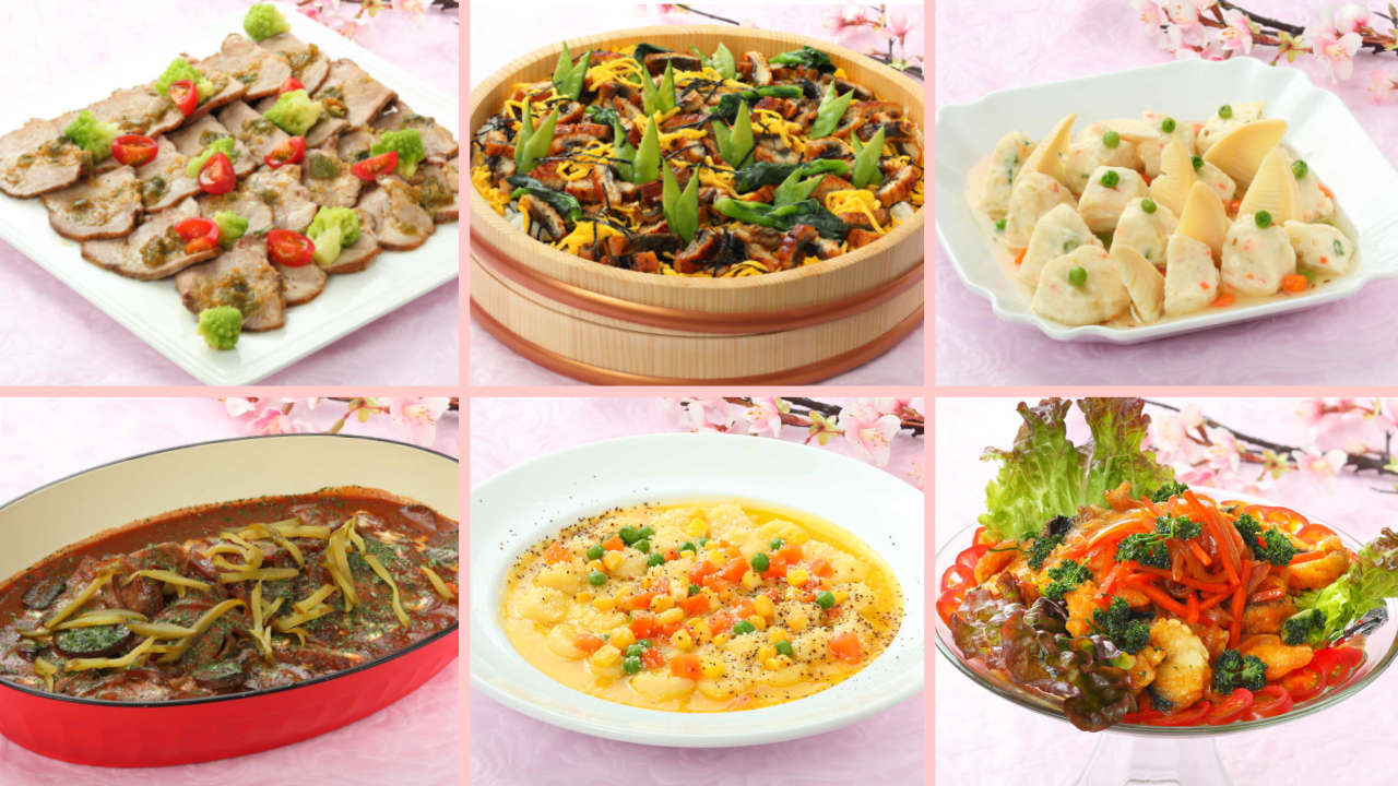 左上から、ローストポークのふき味噌風味・うなぎちらし・白身魚のしんじょう仕立て・ビーフストロガノフ・ジャガイモのニョッキ・サバの洋風南蛮漬け