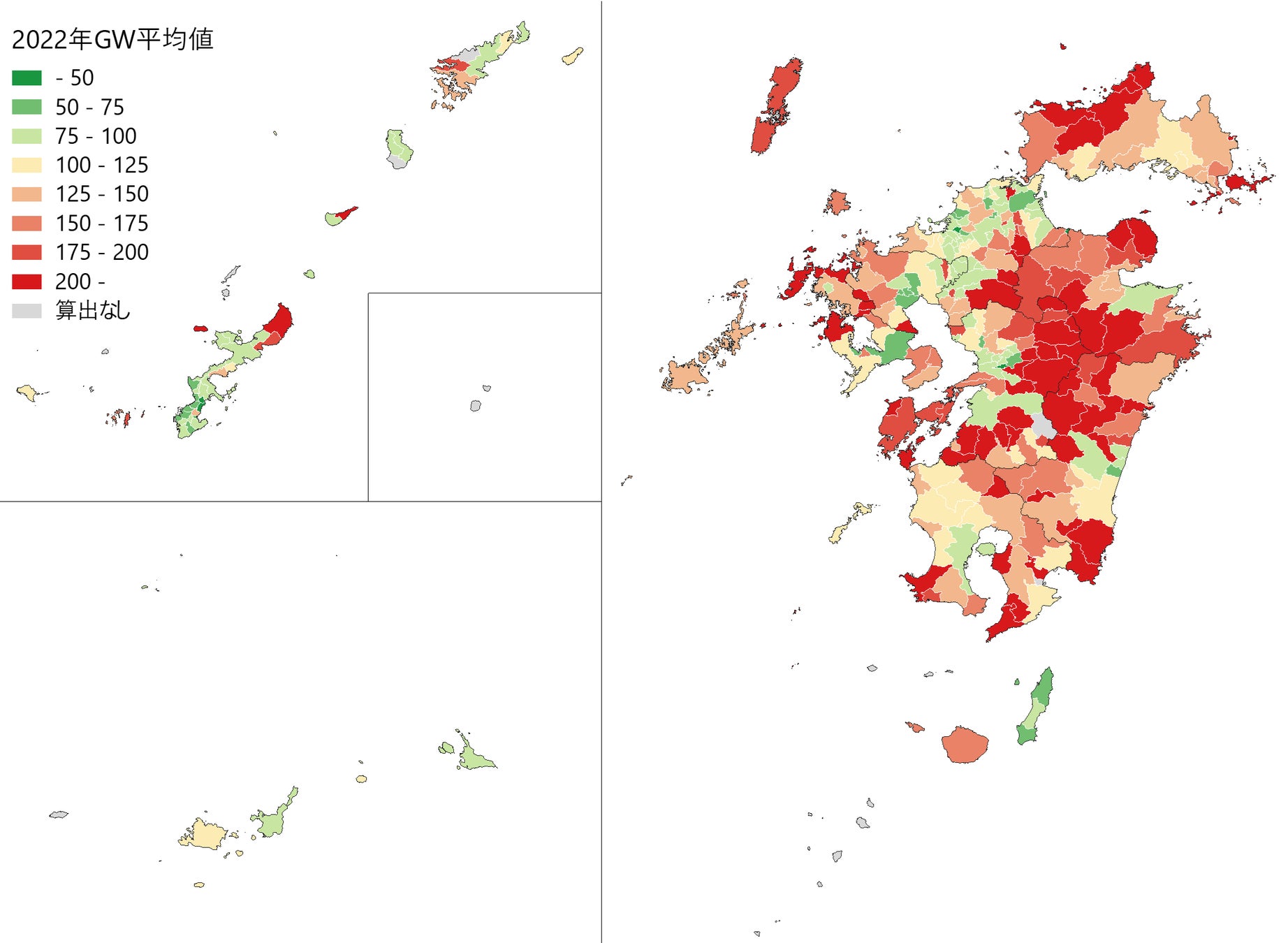 図2 2022年GWにおける九州地域の市区町村別おでかけ指数