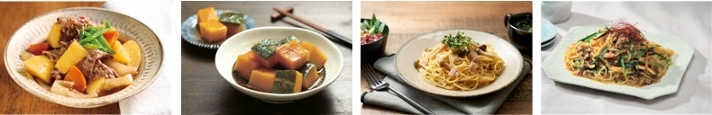 （左より）肉じゃが、かぼちゃ煮、ベーコンとしめじの和風パスタ、チャプチェ