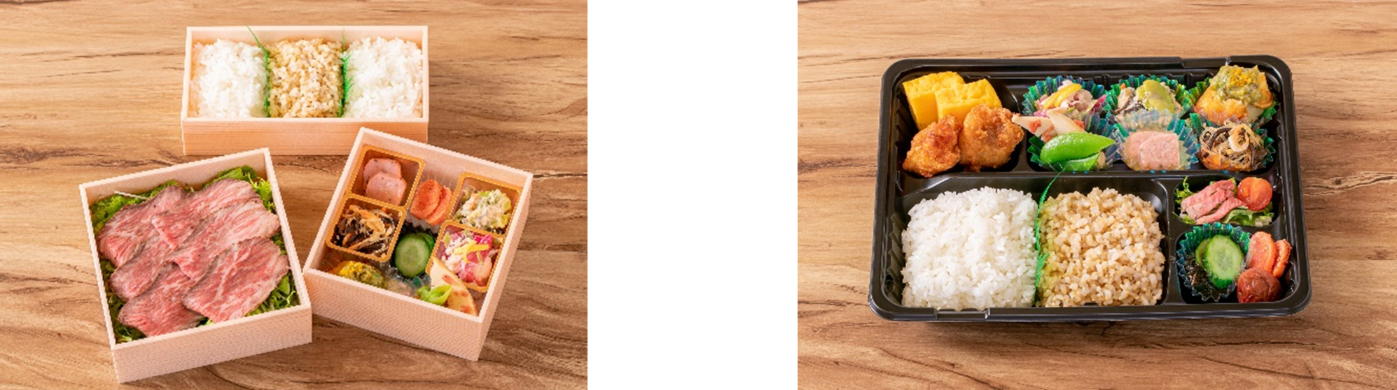 「テイクアウトローストビーフ御膳」2,180円（税込）　「テイクアウト豆皿６種ちょこっと盛り」1,380円（税込）