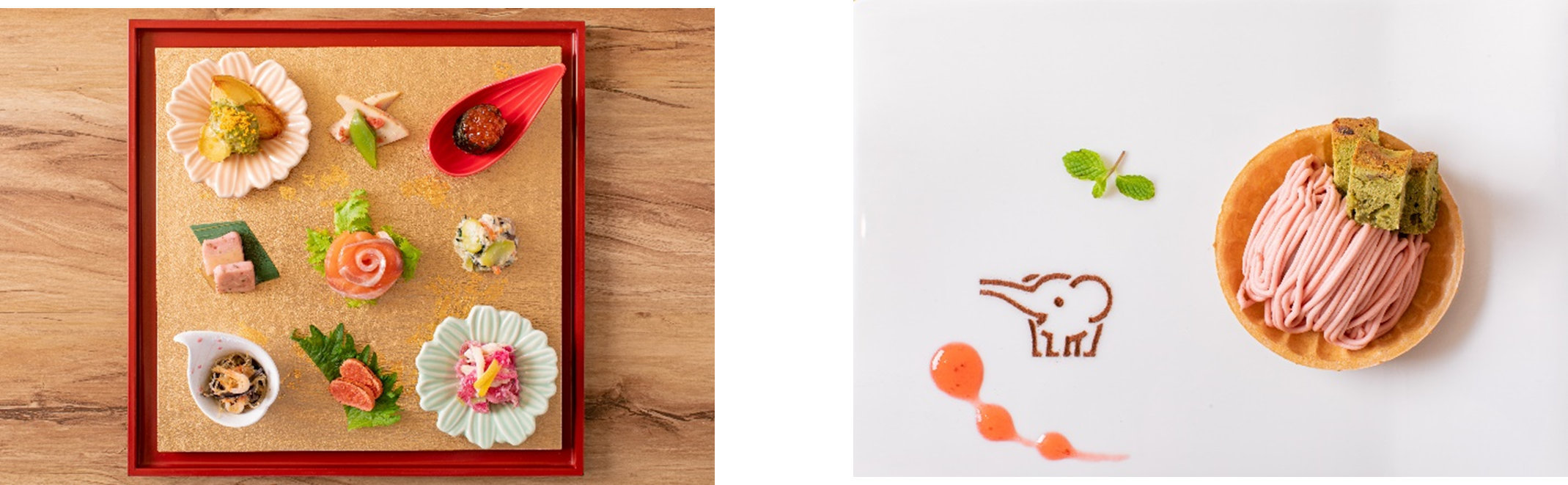 前菜9種ちょっと盛り　　　　　　　　　　　　　　ぞうさんデザート　～お米アイスの桜モンブラン　抹茶ケーキ添え