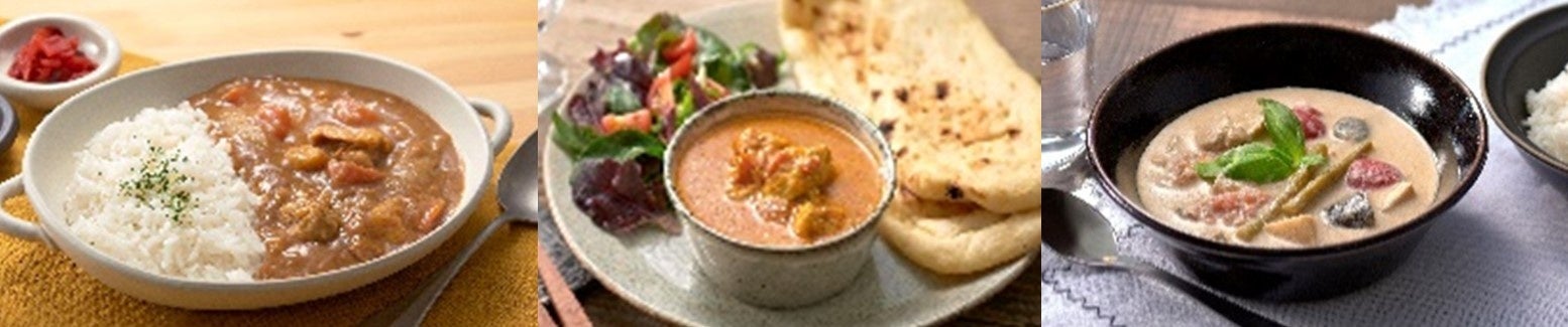 左から　チキンカレー、バターチキンカレー、グリーンカレー