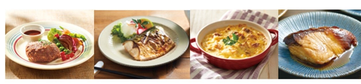 （左より）ハンバーグ、塩さば、グラタン、ぶりの照り焼き