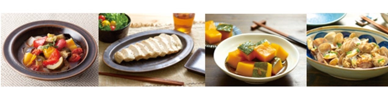 （左より）ラタトゥイユ、蒸し鶏、かぼちゃの煮物、あさりの酒蒸し