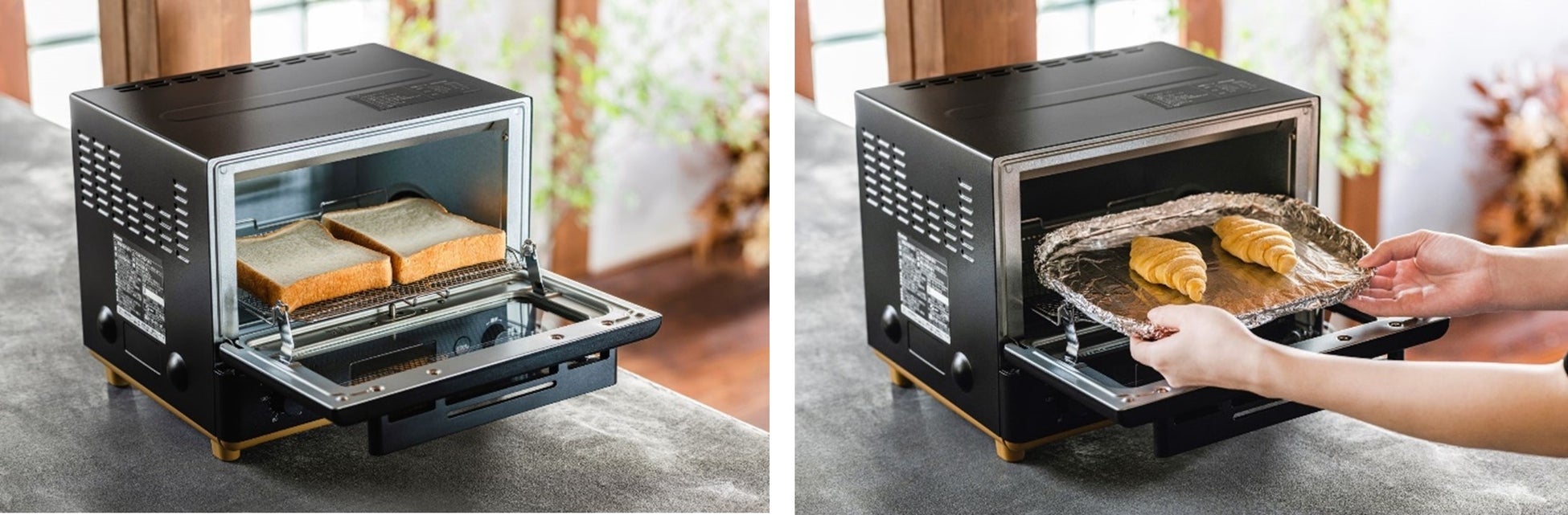 食パン(左)、冷凍クロワッサン生地(右)を庫内に入れるイメージ