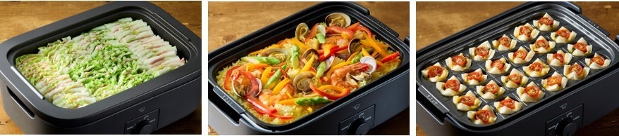 各プレートの使用イメージ （左より）「深なべ」（ミルフィーユ鍋）、「平面プレート」（パエリア）、「たこ焼きプレート」（キッシュ）