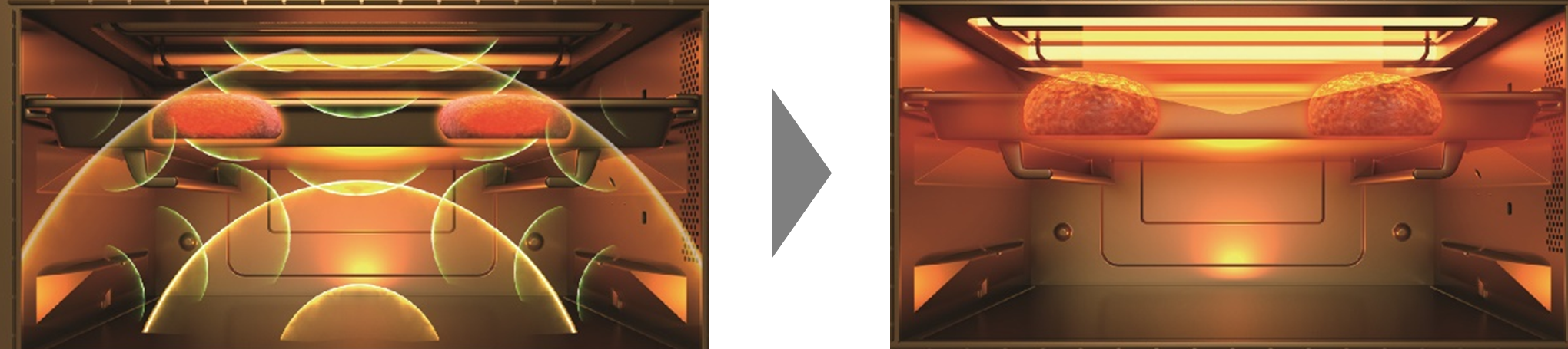 レンジで素早く芯まであたため　　　　　　　　　　　　　　　グリルで表面をこんがり焼き上げ　　　　　　　※図はイメージです。