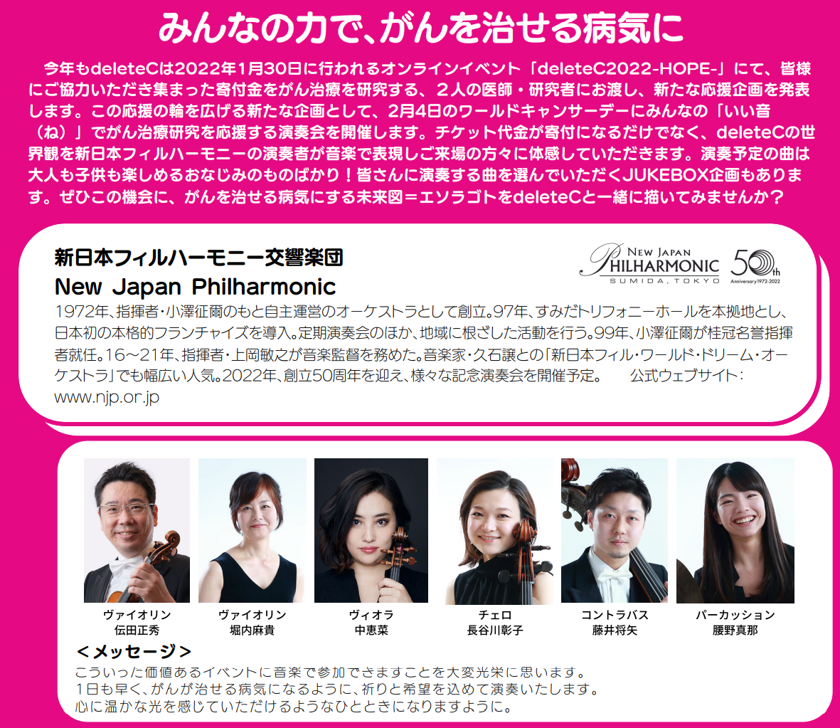 2 4 金 みんなの いい音 ね で がん治療研究を応援しよう Smbc日興証券presents Hope 希望 新日本フィルハーモニー交響楽団 Deletec 演奏会 を開催 特定非営利活動法人deletecのプレスリリース