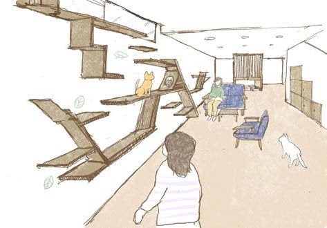 居住者が自由に使える保護猫のいる共用ラウンジ（イメージ）