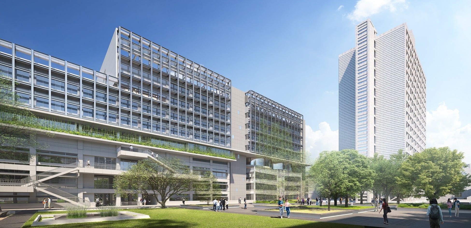 キャンパス中庭完成予想パース:パース中央が新52号館(下層が保存する現52号館)、左手前に向かって新53号館、新54号館