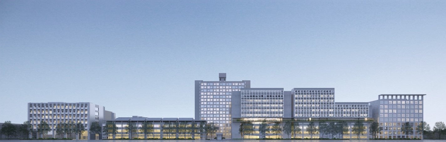 キャンパス南側からの全景。中央の高層建築が51号館。手前右側の建物が新52・53・54号館。