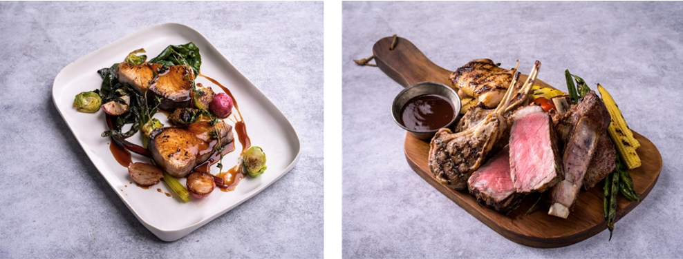 新商品使用イメージ　左：「てりやき」ソースを使用の「ぶりのてりやき」　　右：「B・B・Q」ソース使用の「ミックスグリル」