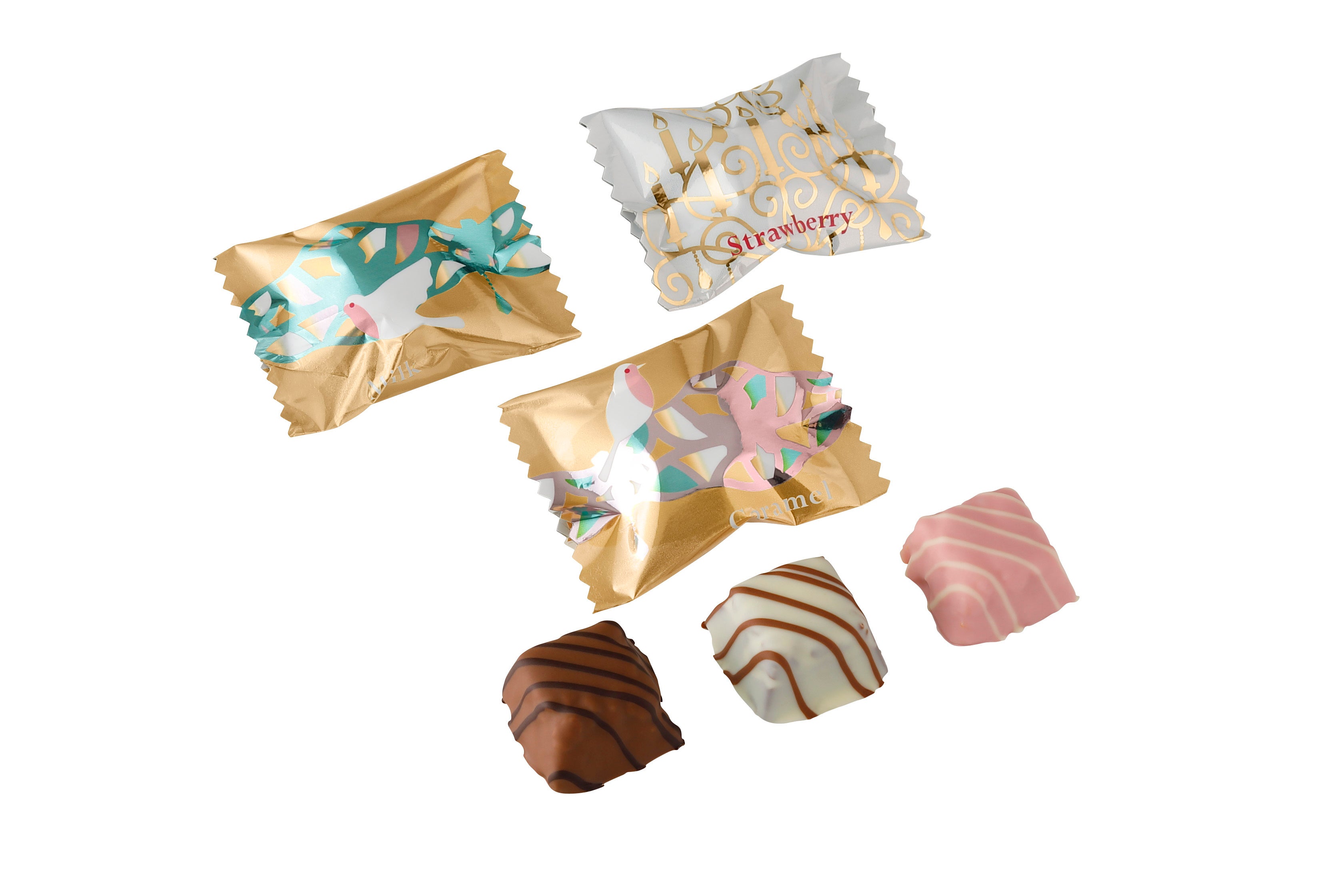 3種のクランチチョコレート。写真左から、ミルク、キャラメル、ストロベリー