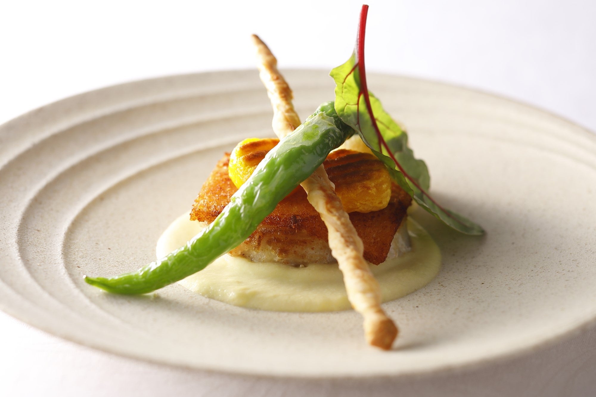 クリスピーに焼きあげた平スズキ　ジンジャーソース