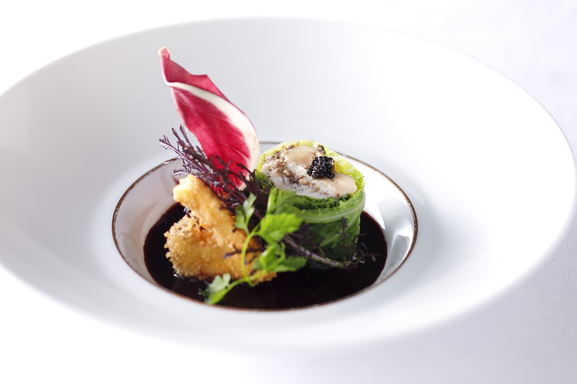 フォアグラと舌平目のシューファルシ　信長しいたけのフリット