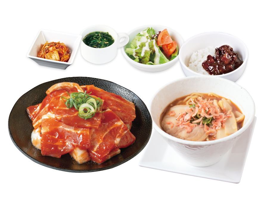 えび味噌ラーメン＆ポークチャップランチ（税込1,188円）ライス＆黒カレーバー、スープバー、サラダ、キムチ付