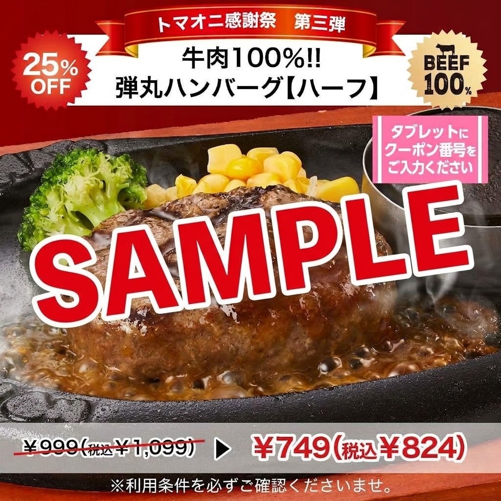 弾丸ハンバーグ【ハーフ】25%OFF ⇒ 250円(税込275円)お得!