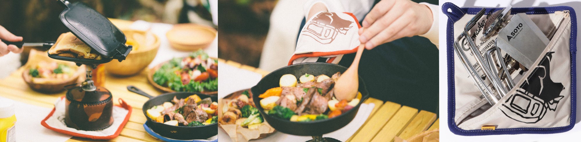 ▲鍋敷き、鍋掴み、収納ケースとして、3WAYで使える「3WAY KITCHEN POUCH」