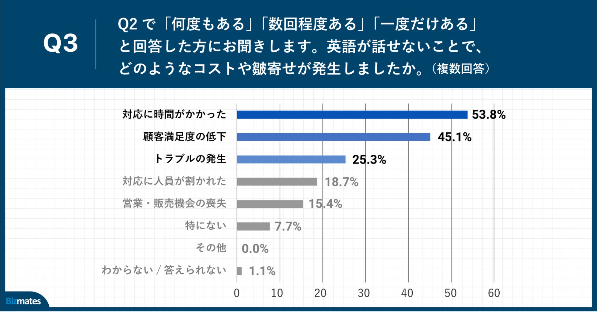 Q3.英語が話せないことで、どのようなコストや皺寄せが発生しましたか。(複数回答)
