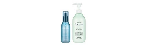 植物由来のバイオマスプラスチックを使用。(左から)「ノエビア トカラの海のモイストヘアオイル」、「ノエビア トカラの海のボディローション」