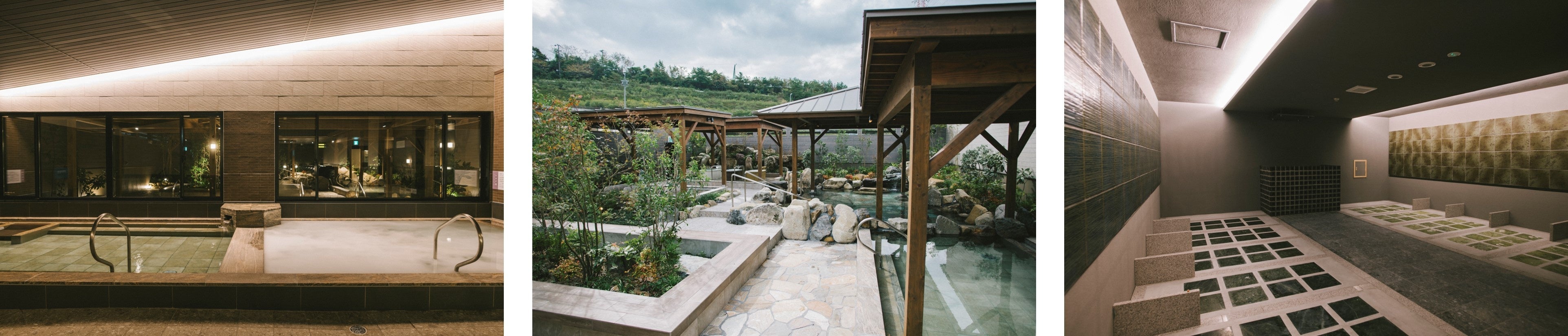 左から順に、「大浴場」「露天風呂」「岩盤浴」の様子