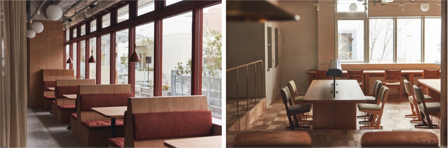 左)喫茶店をイメージした2階ラウンジ。１人でも、友人との語らいにも。右)図書館をイメージした3階ラウンジ。仕事や読書などに
