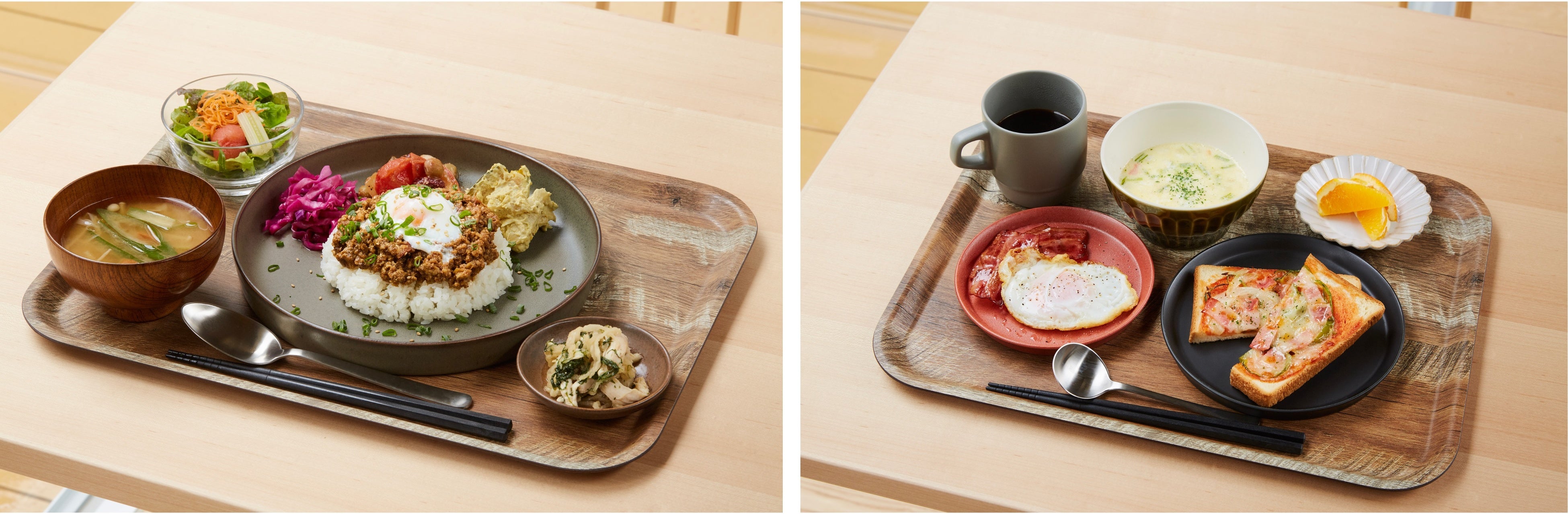 （左）和出汁のキーマカレー定食　（右）モーニング洋定食