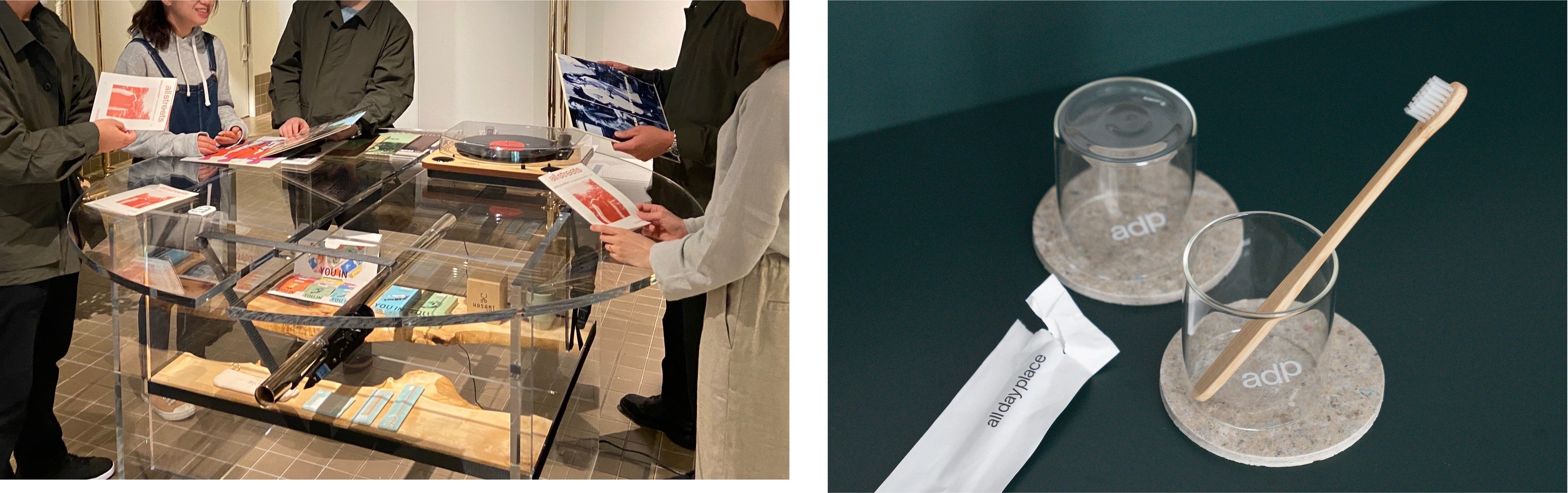 （左）ホテルレセプションのコミュニケーションテーブル（右）アメニティの竹製歯ブラシ