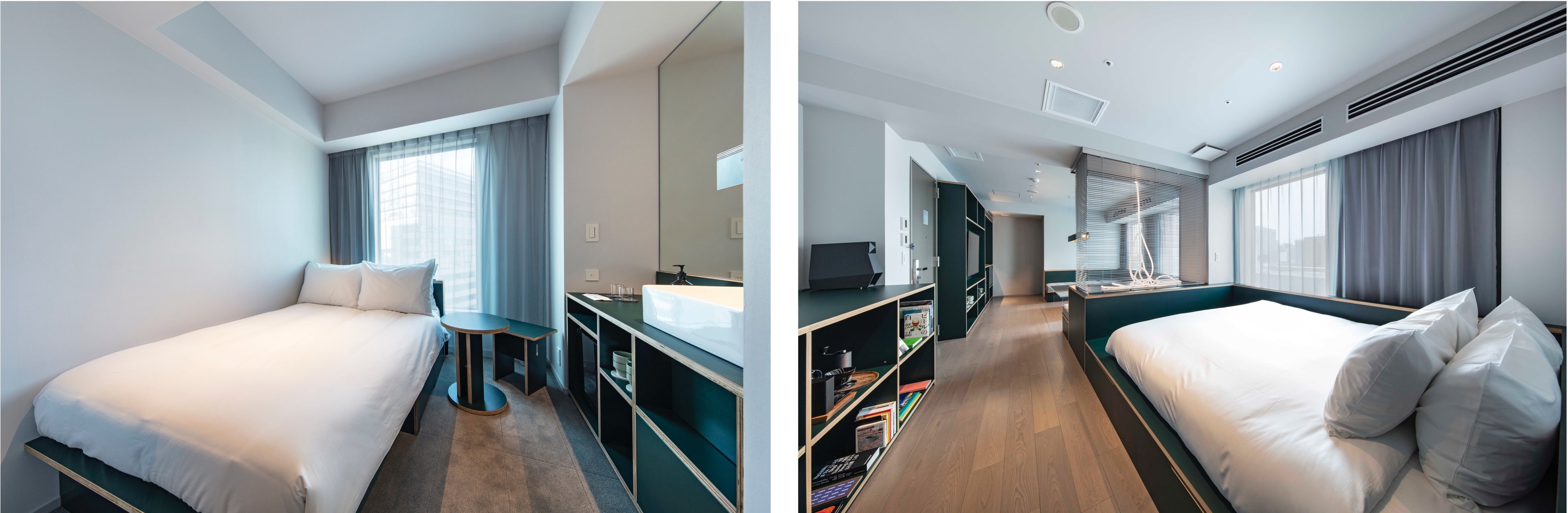 （左）コンパクト（12.2㎡）（右）こだわりの音響設備や本などを備えたウィークエンドスイート（53.7㎡）