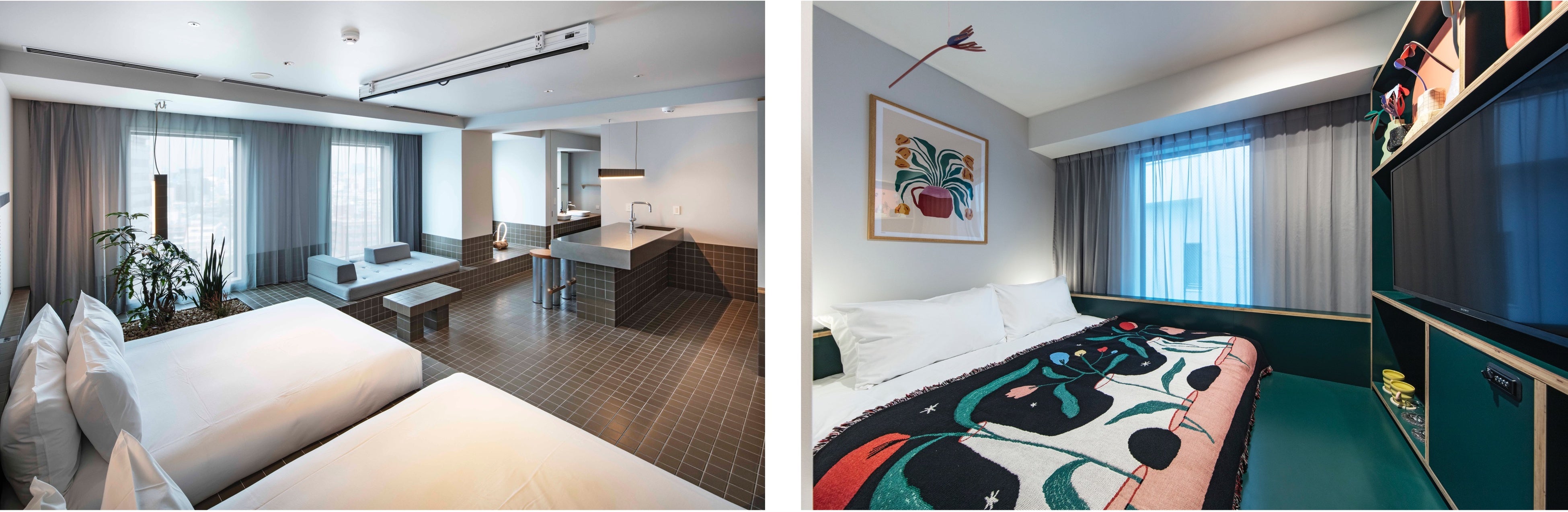 （左）グループにオススメのパーティースイート（57.5㎡）（右）「KIAN」セレクトのアイテムに囲まれ、暮らすように過ごせるスタイリングルーム （21.2㎡）