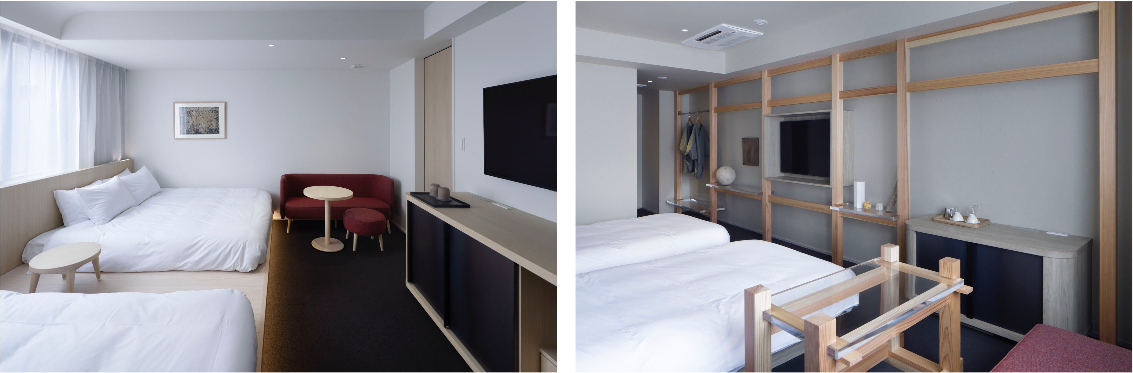 （左）4名までゆったりとくつろげるグループツイン （右）藁すさを織り込んだ和紙の壁や古材でしつらえた飾り棚が特徴のスタイリングツイン