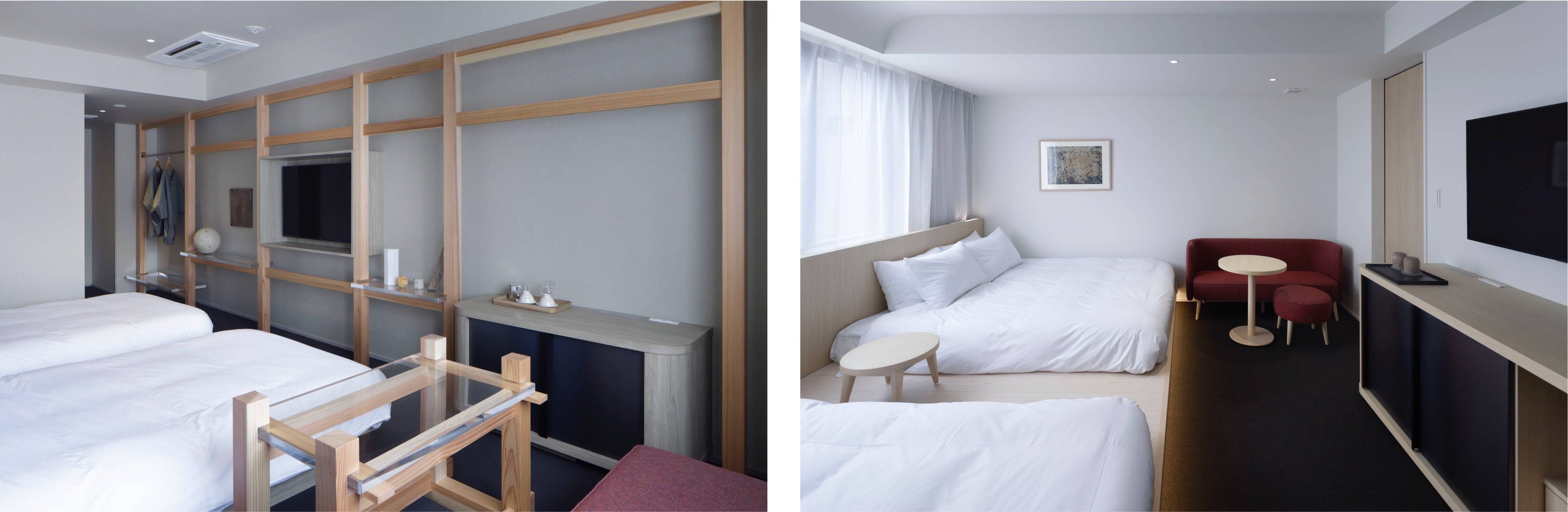 （左）藁すさを織り込んだ和紙の壁や古材でしつらえた飾り棚が特徴のスタイリングツイン （右）4名までゆったりとくつろげるグループツイン