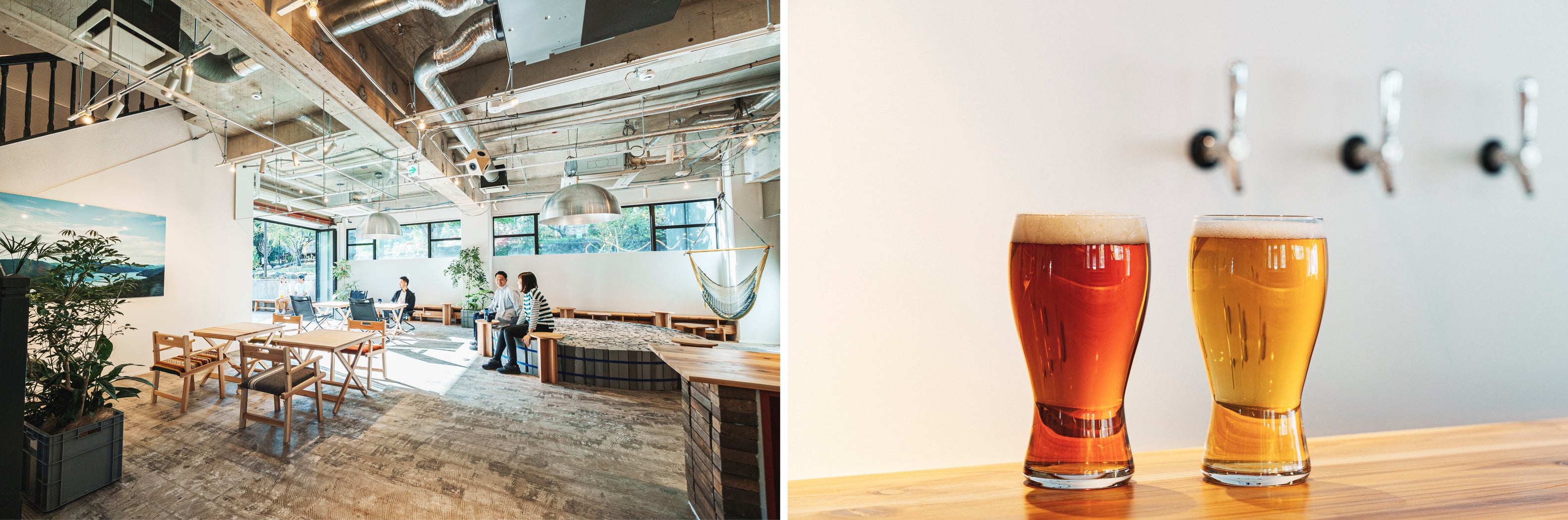 1階ラウンジ。テーブルなどは小田原産の木材を活用して地域の小学生親子と製作。中央の大きな円形ソファにはポリエチレン発砲体の廃材を利用。