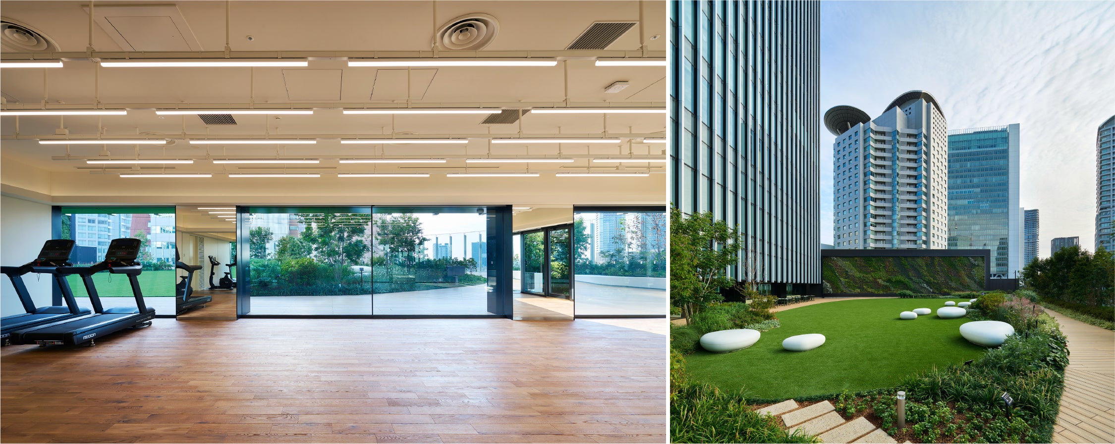 フィットネスは、屋外に向けて大きな開口が設けられた開放的で気持ちの良い空間。 屋外でのヨガなど、アウトドアプログラムも検討されています。