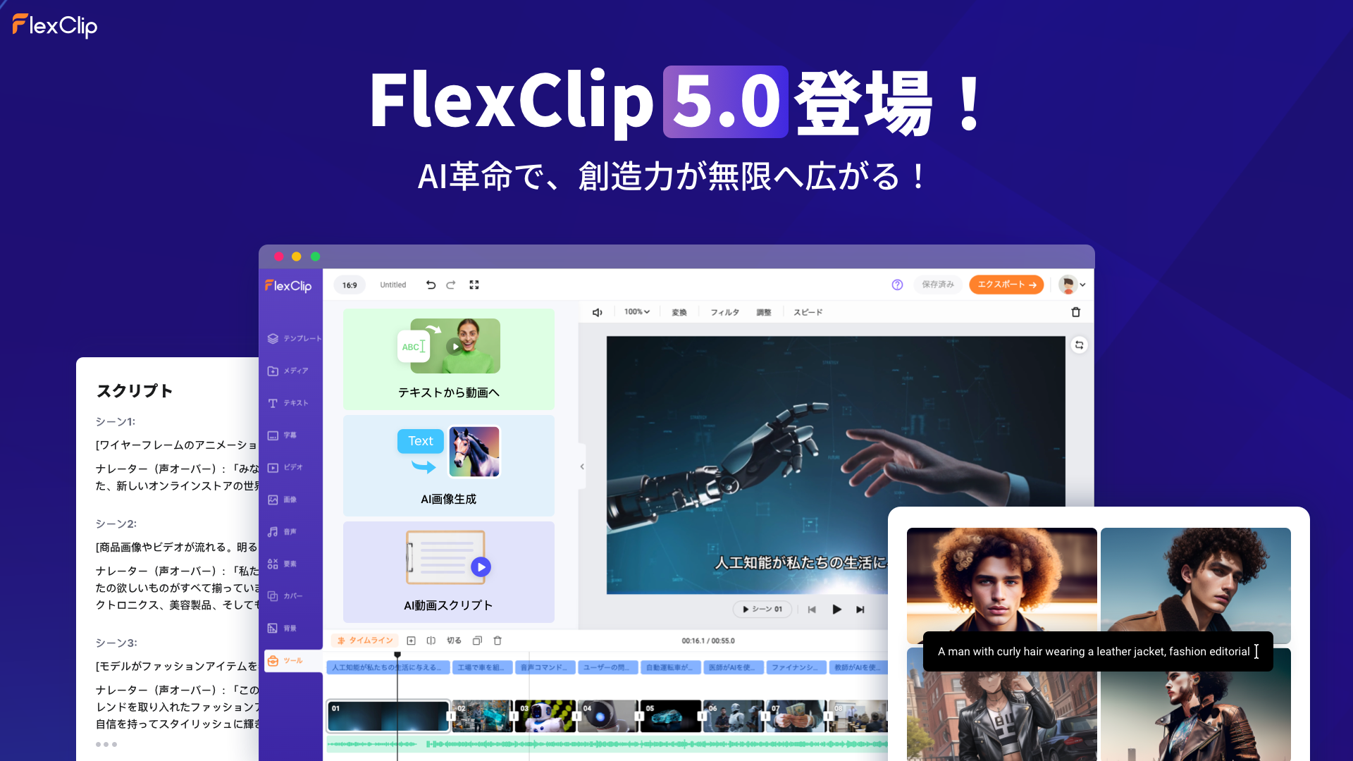 「FlexClip 5.0」がAI技術で進化！テキストから動画や画像を生成可能に。18種類のスタイルと3種類の縦横比をサポートし、専門的なスキルがなくても高品質な動画を作成可能。