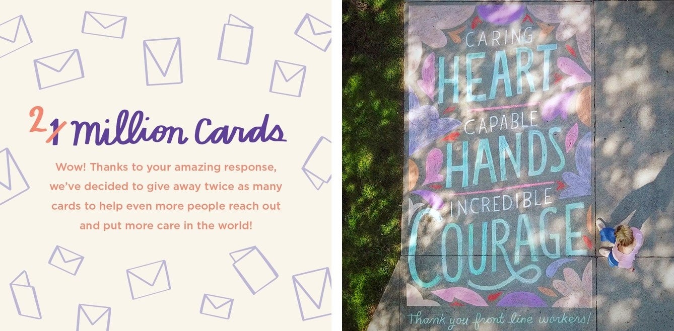 （左から）グリーティングカード200万枚の無償配布プロモーション、アーティストによる歩道へのレタリングアート