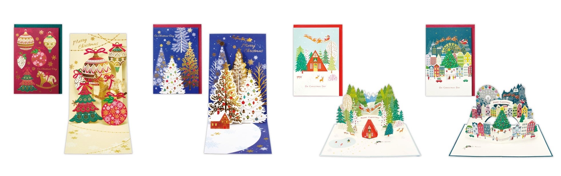  左から「クリスマスポップアップ」2種 ￥528（税込）、「クリスマスレーザーパノラマ」2種 ￥528（税込）