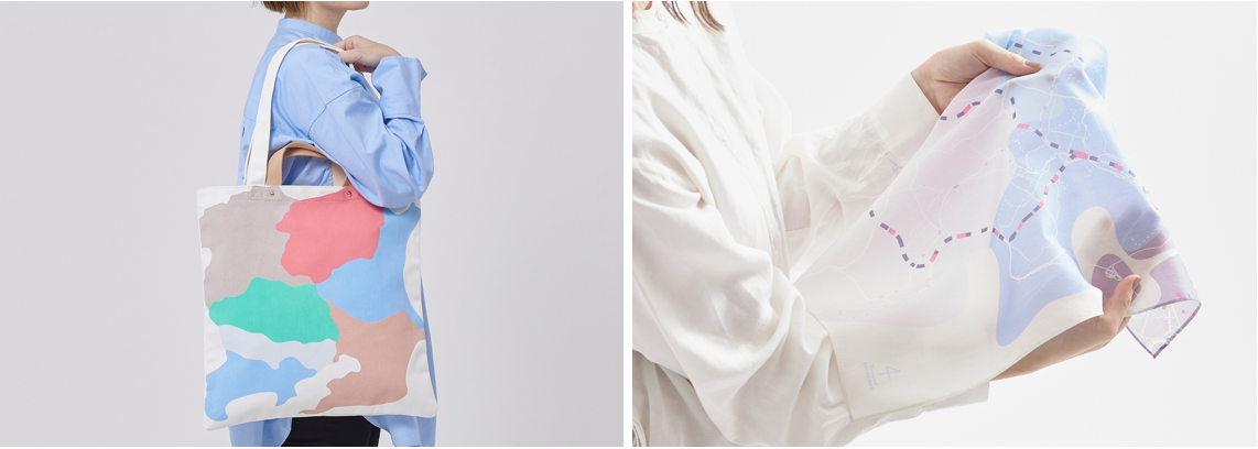 ▲使用イメージ（左：スクエアトートバッグ、右：ハンカチ）