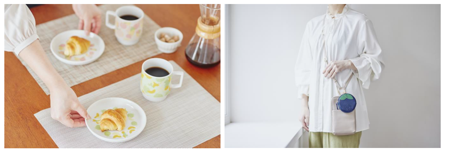 ▲使用イメージ：（左）美濃焼マグカップ・美濃焼プレート、（右）スマホポシェット（ミニポーチ付き）