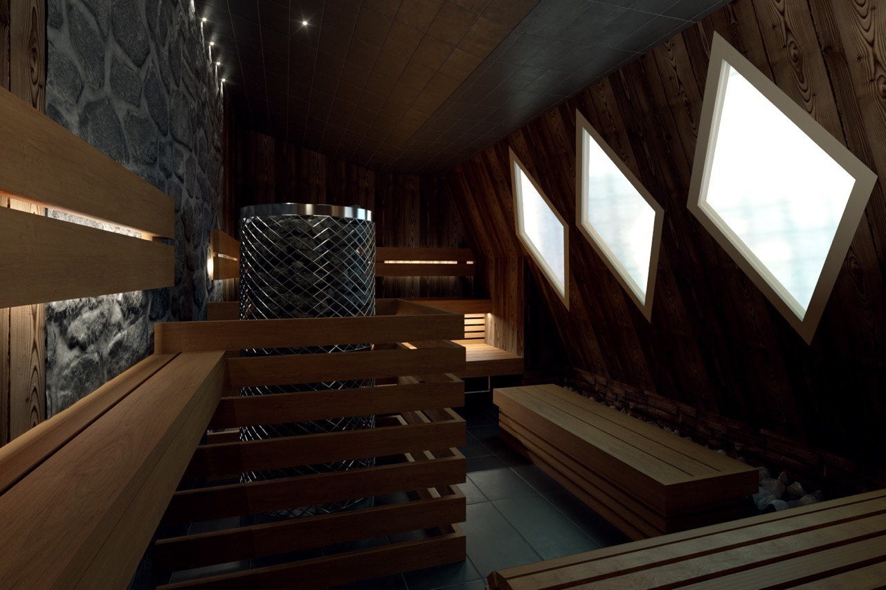 壁にはエストニア産の木材を使用 サーモ加工を施したベンチ材も