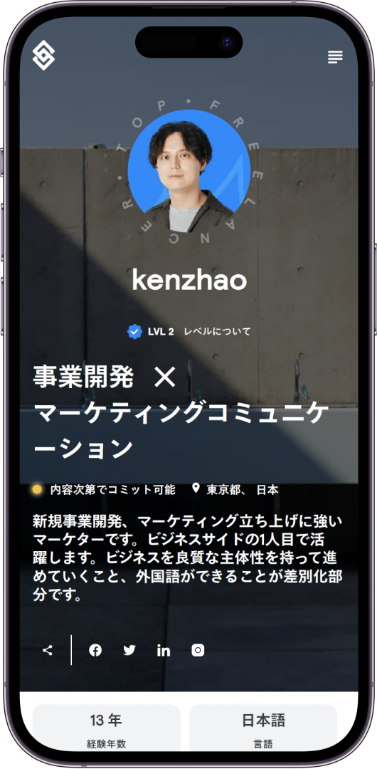 Sollectiveのプロフィールページのスマホ版