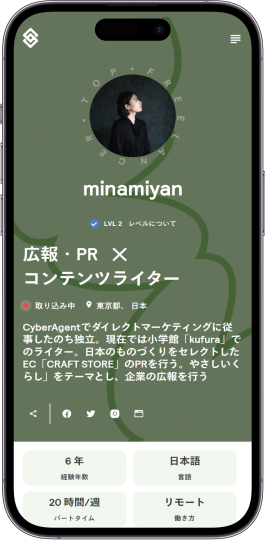 Sollectiveのプロフィールページのスマホ版